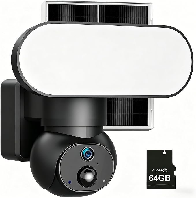 Floodlight Camera Solar Wireless, 360° PTZ Outdoor Security | 1500LM Light, Color Night Vision, 64GB SD, 2.4G WiFi, Solar/Battery, AI Human Detection, 2-Way Audio, Siren Alarm, IP65