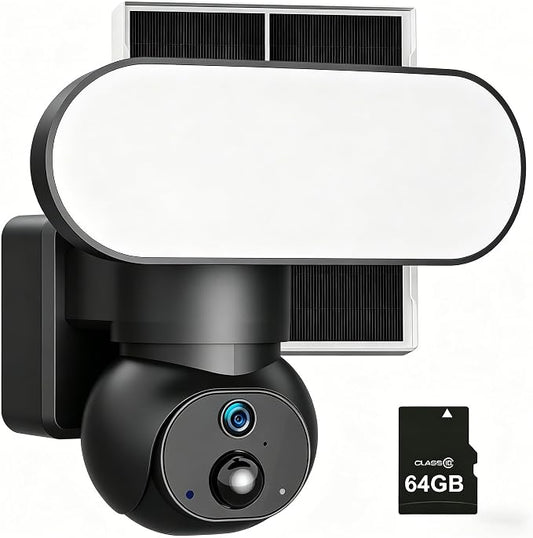 Floodlight Camera Solar Wireless, 360° PTZ Outdoor Security | 1500LM Light, Color Night Vision, 64GB SD, 2.4G WiFi, Solar/Battery, AI Human Detection, 2-Way Audio, Siren Alarm, IP65