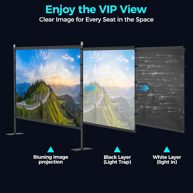 Outdoor Projector Screen with Black Backing - 120 inch Portable Projection Screen with Stand, 16:9 Wrinkle-Free Opaque Movie Screen with Carry Bag for Indoor Home Theater Backyard Cinema