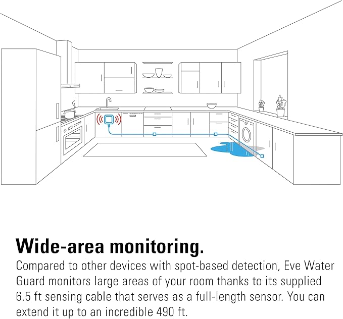 Eve Water Guard - Smart Home Water Leak Detector, 6.5 ft Sensing Cable, 100 dB Siren, (Apple HomeKit), App Notifications, Bluetooth, Thread