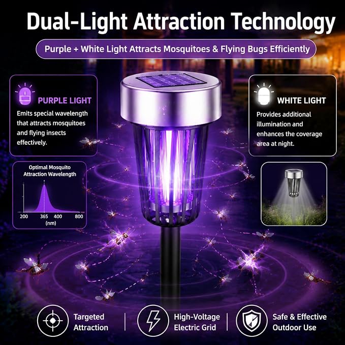 2026 New Solar Bug Zapper Outdoor Waterproof,Mosquito Zapper Rpellent Outdoor Patio,Purple & White Light,Auto-On at Dusk,Effective Fly Insect Gnat Zapper Trap for Yard,Garden,Backyard,Pathway