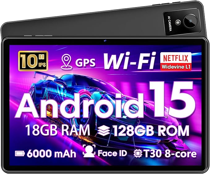 10 Inch Tablet, Android Tablet 10 Inch, Android 15 Tablet with 18GB RAM 128GB ROM, 1TB Expandable, Widevine L1, Octa-Core Processor, WiFi 5, 6000mAh Battery, T30 CPU, Dual Camera (5MP+8MP), Black