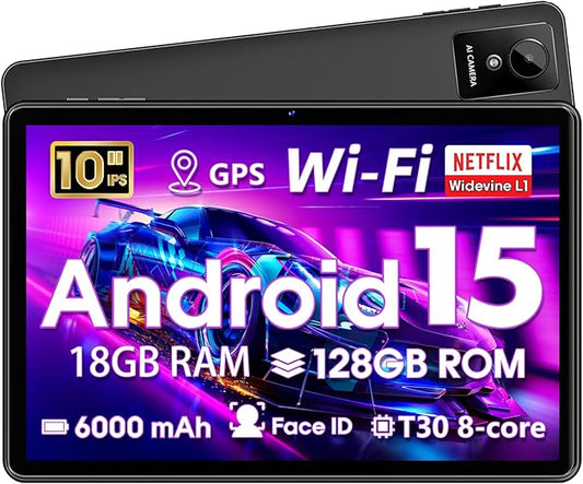 10 Inch Tablet, Android Tablet 10 Inch, Android 15 Tablet with 18GB RAM 128GB ROM, 1TB Expandable, Widevine L1, Octa-Core Processor, WiFi 5, 6000mAh Battery, T30 CPU, Dual Camera (5MP+8MP), Black