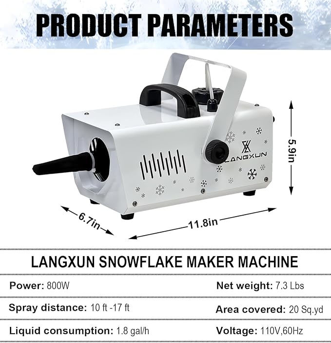 LANGXUN 800W Snow Machine with Manual & Wireless Remote Control, Fake Snow Maker Machine for Indoor & Outdoor, Adjustable Snowflake Amount for Christmas, Wedding Kids Party Stage Events