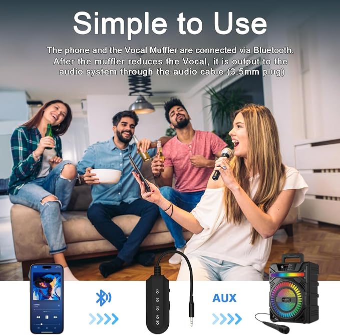 Portable Vocal Remover, AI Intelligent Real-Time Voice Elimination for Karaoke Machines,Bluetooth-Enabled Receiver Compatible with Any 3.5mm Speaker