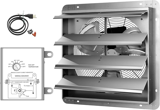 Simple Deluxe 20 Inch Wall Mounted Shutter Exhaust Fan with Temperature Controller and Power Cord Kit, Aluminum, 1200 RPM, 3368 CFM, for Attic, Garage, Louvered Vent, Plant, Greenhouse, Silver