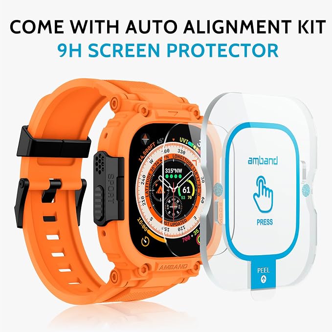 amBand Bands Case Screen Protector Compatible with Apple Watch Ultra 3/2/1 49mm, M1 Sport Series Rugged Cover Strap and 9H Tempered Glass Film, Protective Bumper for iWatch 49 mm Men Orange