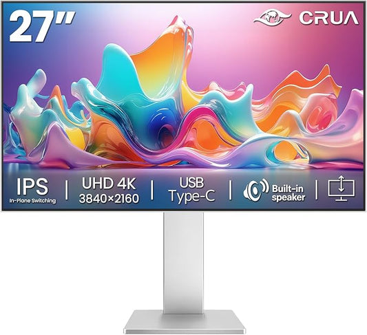 CRUA 27" 4K Monitor, UHD 3840x2160P 60Hz IPS Panel Computer Monitor with Built-in Speakers, Supports AMD FreeSync, USB Type-c, 98% DCI-P3, Height Adjustable, HDMI 2.0 & DP 1.2, Wall Mountable-Silver