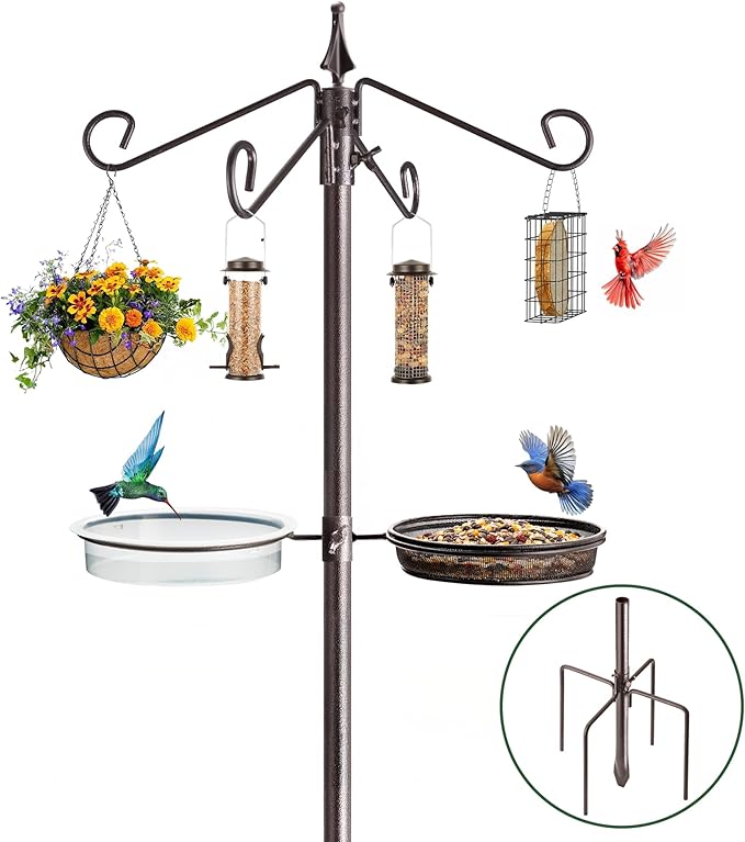 Bird Feeding Station Kit,81 Inch Metal Birds Feeder Stand with 4-Hook,Bird Bath and Mesh Tray,5-Prong Base