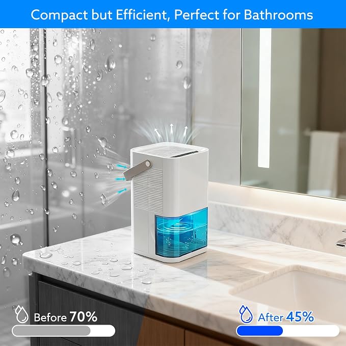 Litever Dehumidifier Dual Core Compact Quiet for Home. Portable, Auto Shut OFF, 57OZ Water Tank. Delay-Off Timer and Ambient Light. Perfect for Small Bedroom Bathroom Basement RV Camper Closet
