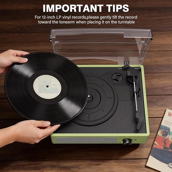 Vinyl Record Player with 2 Stereo Speakers Belt-Driven Vintage Turntables 3 Speed 3 Size Wireless Bluetooth Playback AUX-in RCA Out Headphone LP Vinyl Players Auto Stop Light Green