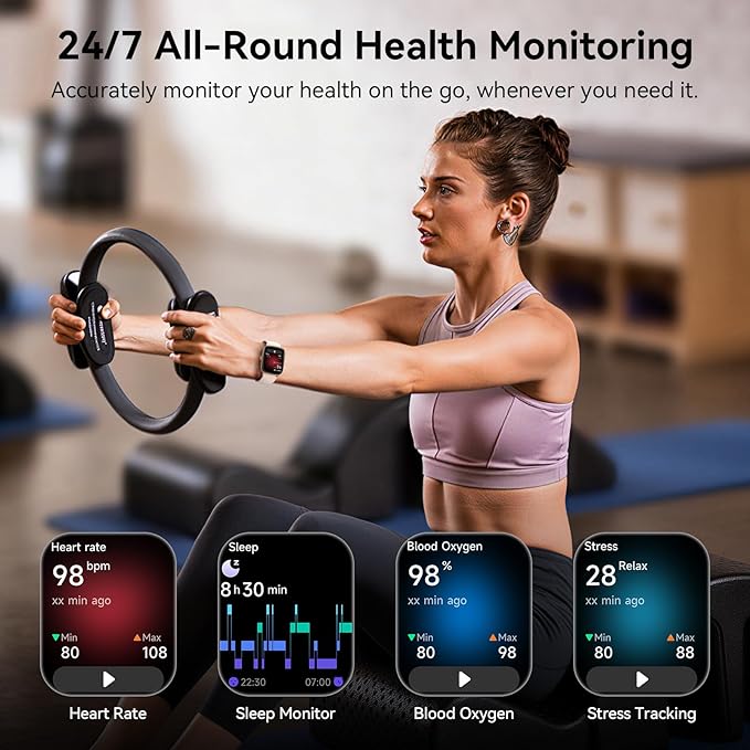 Smart Watch for Women, 1.85" HD AMOLED Fitness Tracker (Answer/Call) with 24/7 Heart Rate/Sleep/SpO2 Monitor for iPhone & Android, 120+ Sports Modes Smartwatch with IP68 Waterproof, 2 Bands