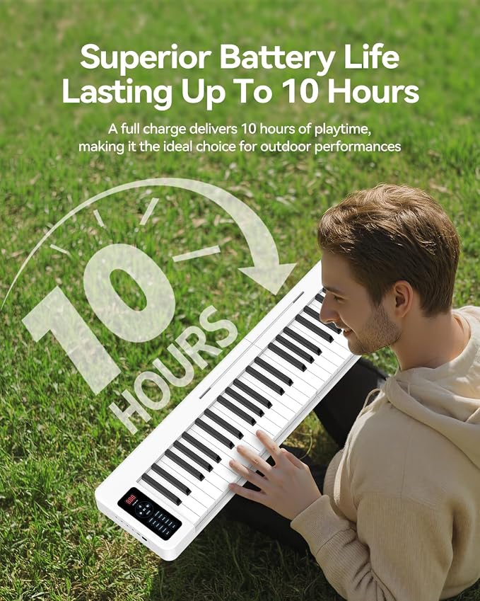 Rhymo Folding Piano Keyboard, 61 Keys Sensitive Electric Piano, Semi-Weighted Portable Electric Keyboard with Bluetooth MIDI, Digital Foldable Keyboard for Beginners(White)