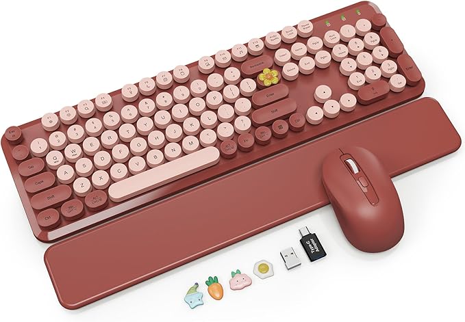 Wireless Keyboard and Mouse Combo with Magnetic Wrist Rest, Round Keycaps, Full-Size Retro Typewriter-Style Keyboard, Two-Stage Tilt Legs, Auto-Sleep, 2.4GHz Wireless for Windows PC Laptop, Wine Red