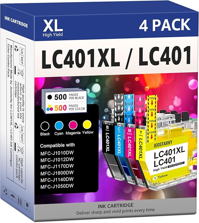 LC401XL Ink Cartridges Compatible for Brother Ink Cartridges LC401 LC401XL for Brother MFC-J1010DW MFC-J1012DW MFC-J1170DW MFC-J1800DW Printer Ink (Black Cyan Magenta Yellow, 4 Pack)