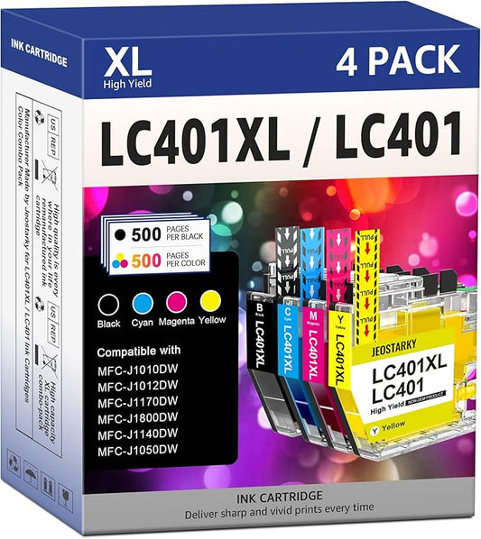 LC401XL Ink Cartridges Compatible for Brother Ink Cartridges LC401 LC401XL for Brother MFC-J1010DW MFC-J1012DW MFC-J1170DW MFC-J1800DW Printer Ink (Black Cyan Magenta Yellow, 4 Pack)