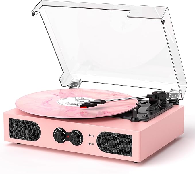 Vinyl Record Player with Built-in Speakers 3-Speed Vintage Record Player Support Treble& Bass Control, 3.5mm Headphone Jack, RCA-Out/Aux in, Belt-Driven LP Turntable,Pink