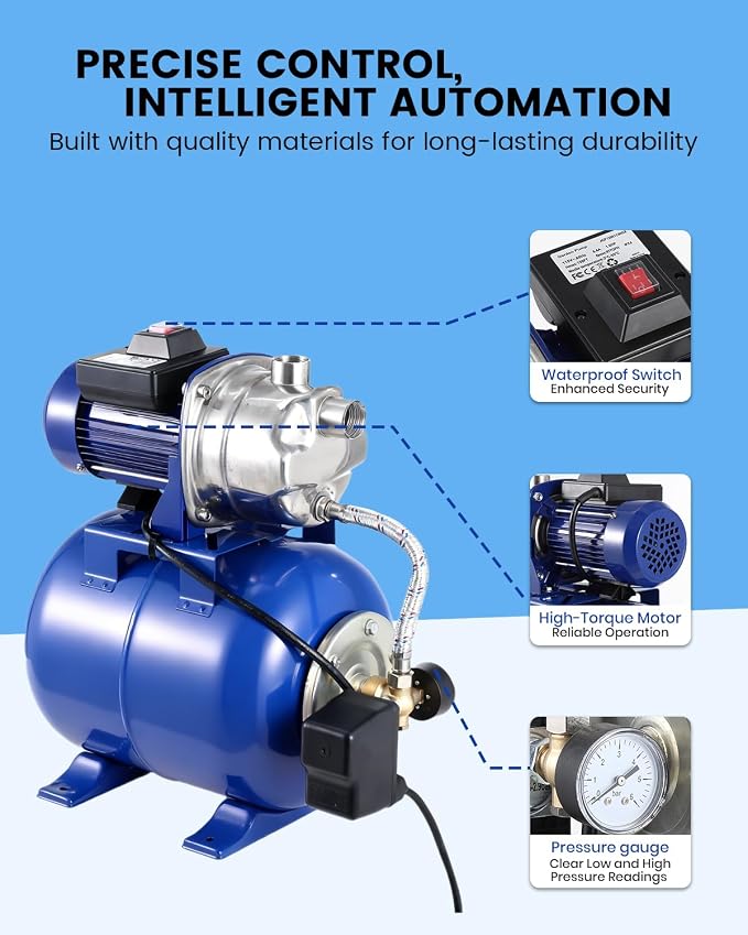 Powerful 1.6HP Shallow Well Pump with Pressure Tank, 1320GPH High Flow, 164ft Max Head, Stainless Steel Construction, Auto Pressure Switch - Ideal for Home/Farm/Garden/Yard Water Supply (Blue)