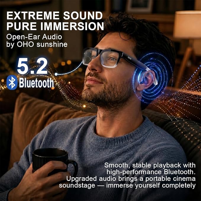 OHO Smart AI Glasses with Bluetooth Audio, Hands-Free Calling, High-Impact 2.0mm Photochromic Blue Light Blocking PC Lenses
