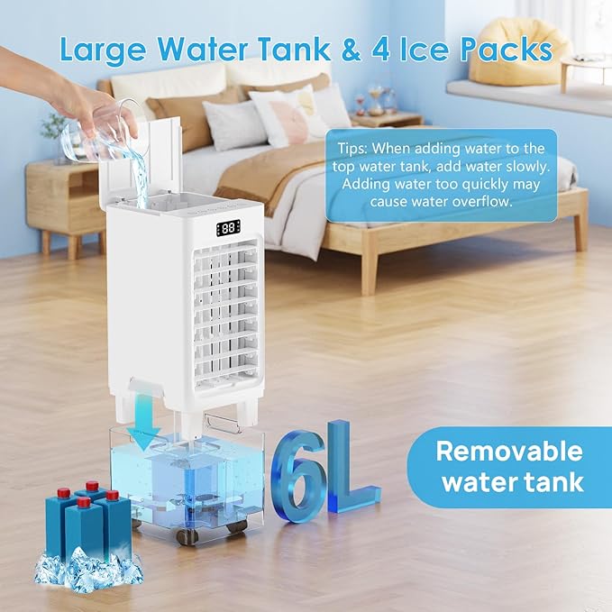 Windowless Portable Air Conditioners, 6L Swamp Cooler, 3-IN-1 Evaporative Air Cooler with 4 Ice Packs, 4 Modes & 3 Speeds, Auto Oscillating, 12H Timer, Remote, Quiet Cooling Fan for Home