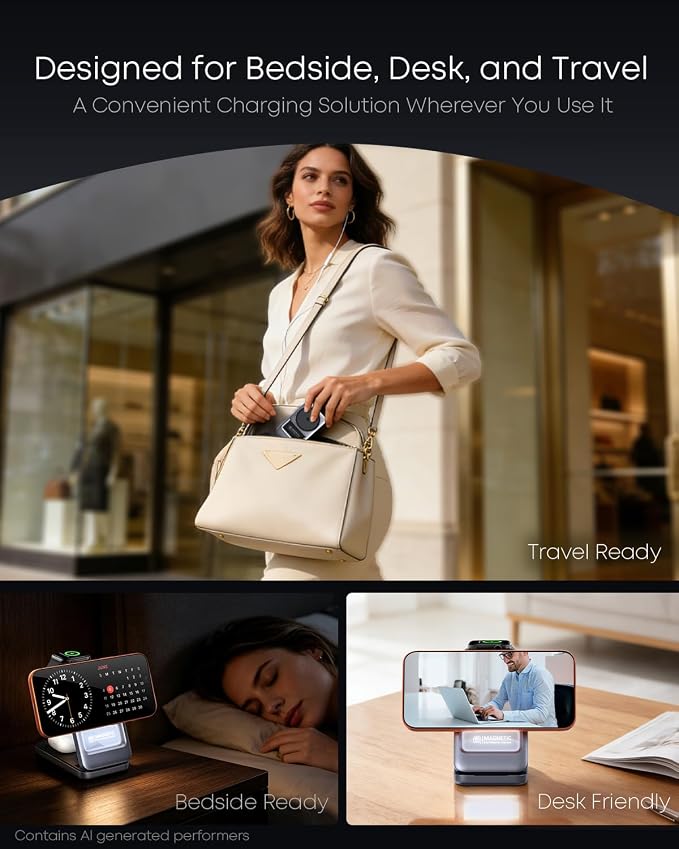 Qi2.2 25W 3-in-1 Foldable Magnetic Wireless Charger for iPhone, Night Light | Compatible with iPhone 17/16/15/14/13/12, Apple Watch & AirPods, 45W Adapter + 5A Cable, Case-Friendly up to 3 mm