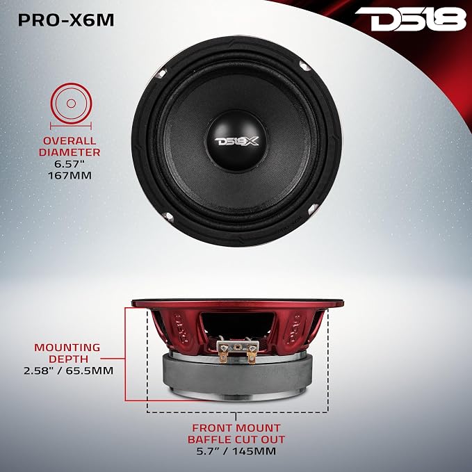 DS18 PRO-X6M Loudspeaker - 6.5", Midrange, Red Aluminum Bullet, 450W Max, 225W RMS, 8 Ohms - Premium Quality Audio Door Speakers for Car or Truck Stereo Sound System (1 Speaker), Classic