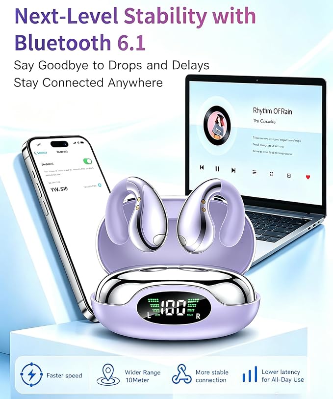 Upgraded Ultra Open Ear Earbuds - Lightweight Comfort Clip-On Wireless Bone Conduction Earbuds, Secure Fit & AI-Powered Clear Calls Bluetooth Open Ear Headphones for Work,Commute,Workout,Running
