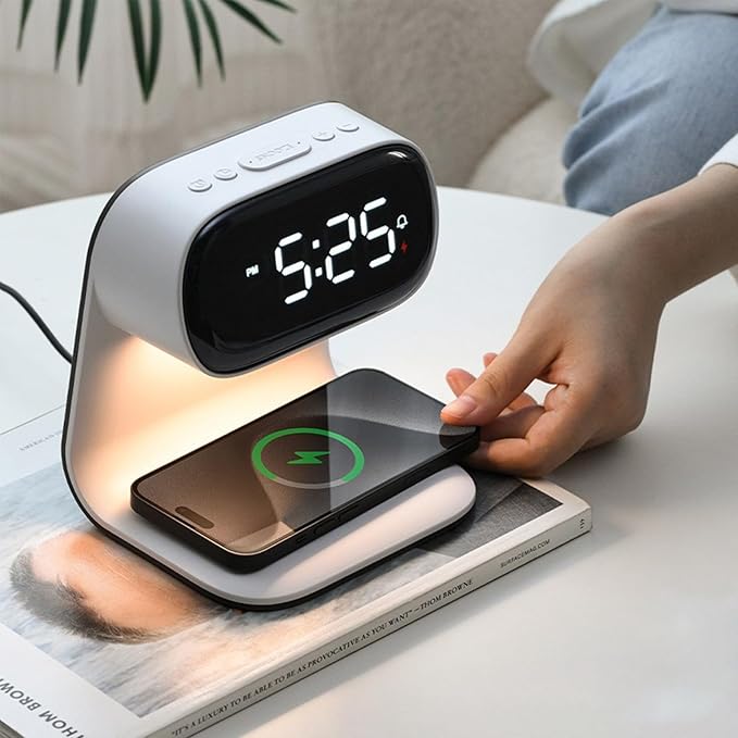 Wireless Charger Alarm Clock, Featuring Wireless Charging, Clock, Alarm, 3-Level Lighting, 15W Fast Wireless Charging, and Compatibility with All Qi-Enabled Devices, A40 White.