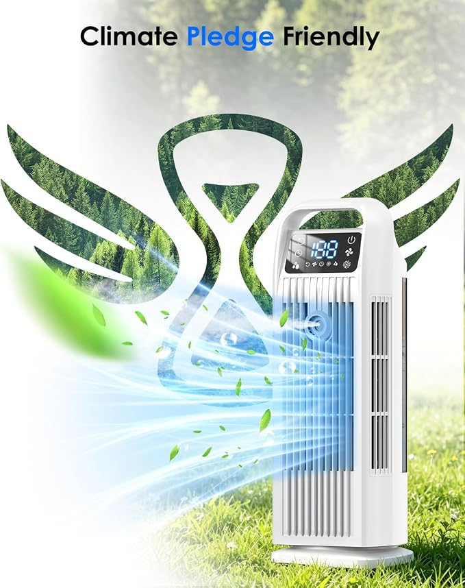 Portable Air Conditioner, 4 in 1 Evaporative Air Cooler with Remote Control, 1200ML Water Tank, 120 Oscillating, 4 Speeds, 12H Timer, Mist Spray Tower Fan for Home Office, White