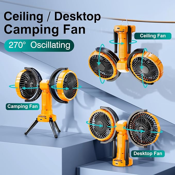 10000mAh Outdoor Camping Fan, Oscillating Battery Operated Tent Fan with LED Lantern, Dual Head Rechargeable Tent Ceiling Fan with Tripod & Hanging Hook - Yellow