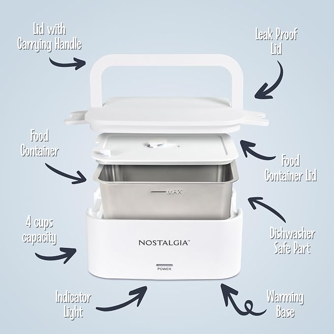Nostalgia Portable Heated Lunch Box – 4-Cup Stainless Steel Food Warmer – Detachable Cord, Leak-Proof Lid, Carry Handle – Portable for Work & Travel – White