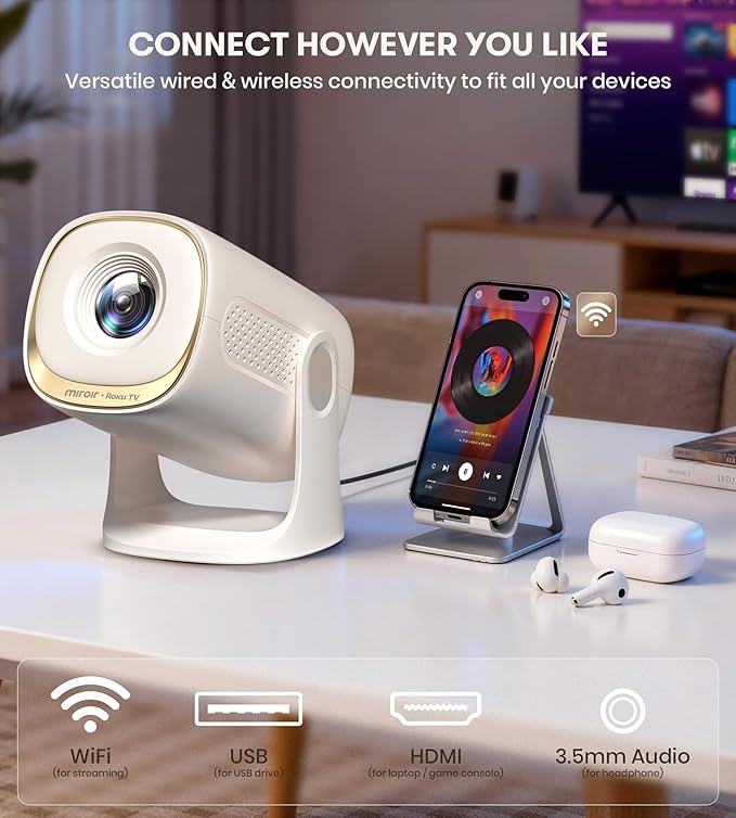 Miroir Roku TV Smart Projector with WiFi and Bluetooth, 150 ANSI, Dolby Audio, 270° Rotatable Stand, Auto Keystone & Zoom — Portable Mini Outdoor Movie Projector with Roku Streaming Built-in