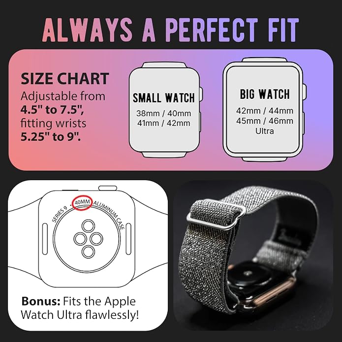 Braxley Bands for Apple Watches - Stretchy and Washable - Adjustable with Apple Watch Bands for Women & Men - Compatible with Apple Watch Series SE Ultra 9 8 7 6 5 4 3 2 1