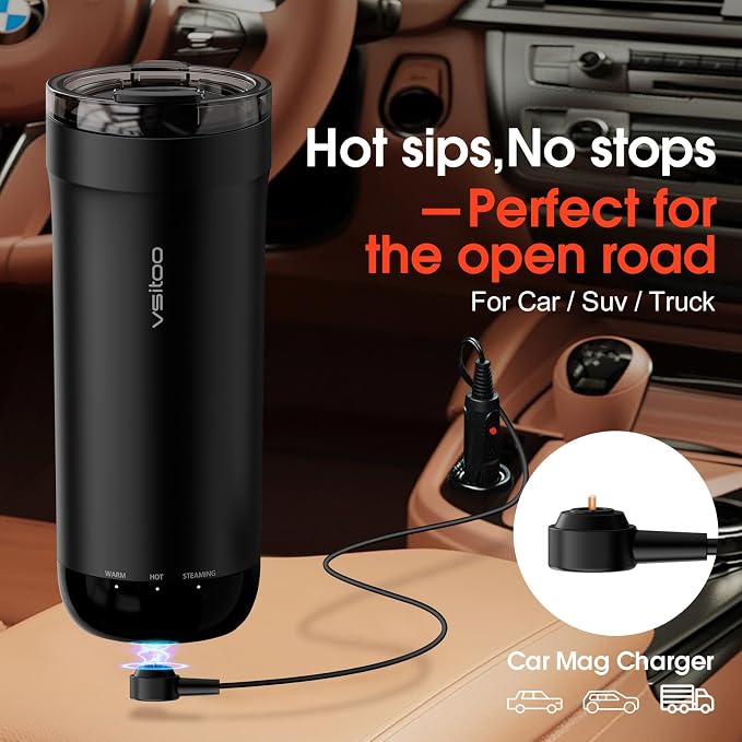 Vsitoo S5 Self Heating Travel Mug 16oz, Rechargeable Coffee Mug with Car Charger Kit, AI Auto-Sensing Temp Control Heated Cup for Home Office Car, App Control, Gift Women Men - Black