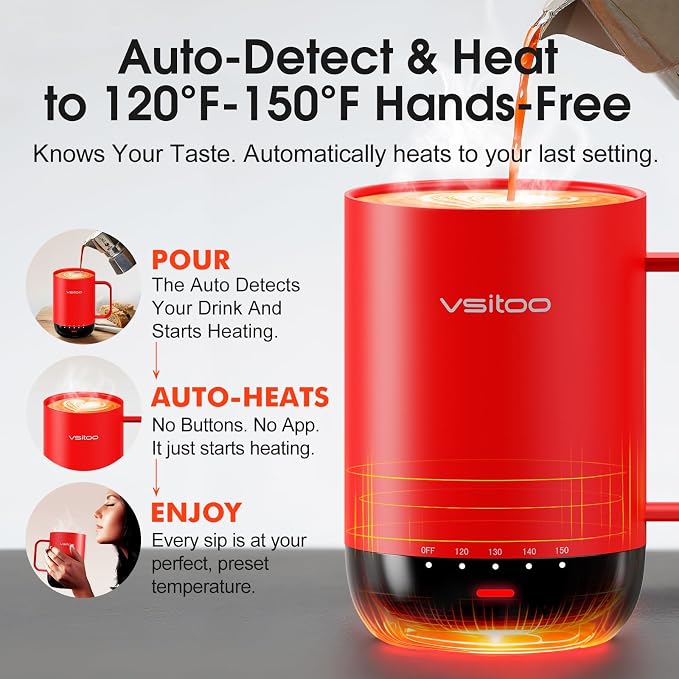 Vsitoo S3 Pro 16oz Self Heating Coffee Mug with AI Auto-Sensing, Smart Rechargeable Heated Mug Warmer 120-150℉, IPX7 Waterproof Temperature Control, Gift for Men Women - Red