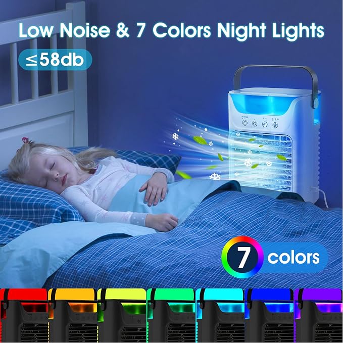 Air Conditioner Fan, 700ML USB Powered Automatic Timing Portable Air Cooler Humidifier, 3 Wind Speeds, with 7 Color Night Light, for Home Office Outdoor Camping Vacation