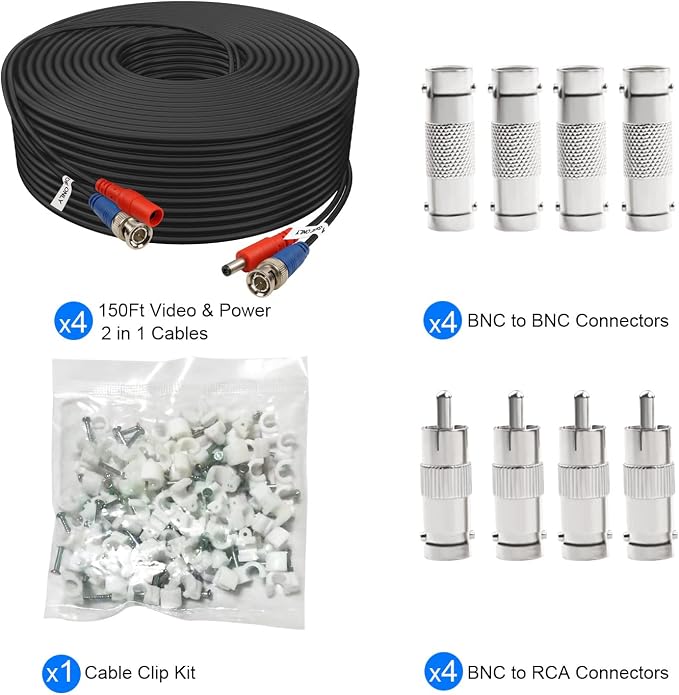 BNC Cable 150ft 4 Pack Aimyzii BNC Video Power Cable,Security Camera Cable for CCTV Camera DVR Security Systems(Included 8X BNC Adapters,100 Pcs Cable Clips)-Black