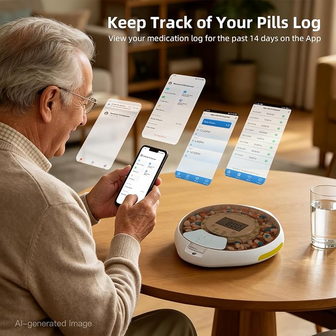 Smart Pill Organizer, 28-Day Bluetooth Automatic Pill Dispenser with APP Control for Seniors, Caregivers Care - Tracks Adherence History, Up to 9 Daily Doses, Sound Light Reminders