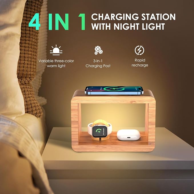 Bamboo Wireless Charging Station: Fast Charger Stand for iPhone 15/14/13/12/11 Pro Max/X/Xs Max/8, AirPods Pro, iWatch Series SE - 3-in-1 Dock