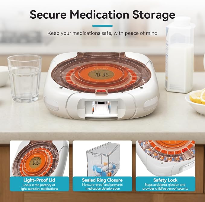 Retekess TH017 Automatic Pill Dispenser with Alarm, Effortless Medication, Secure Storage, Clear and Loud Reminders, Large Pill Organizer with 21 Compartments, Pill Box for Elderly