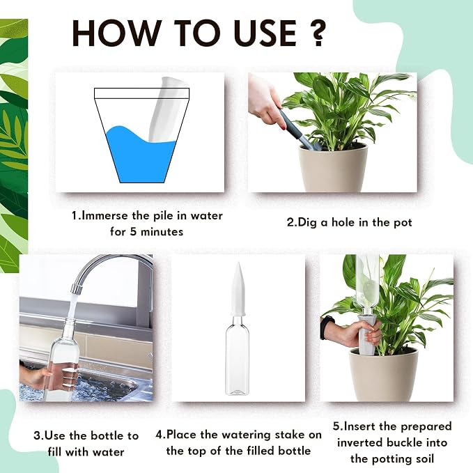 Ziliny 8 Sets White Terracotta Watering Spikes with 25 oz Plastic Bottles Vacation Plant Waterer Self Watering Slow Release Planter for Indoor Outdoor