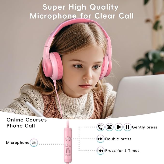 Candy Bila Kids Headphones, Wired Headphones for Kids Over Ear with Microphone, Foldable Headphone for Learning & Entertainment, Light Pink