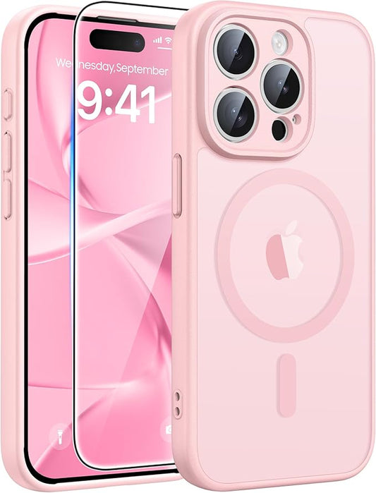 FNTCASE for iPhone 15 Pro Max Case: [Compatible with Magsafe] Translucent Matte Cases with [Full Camera Protection] [Screen Protector] Military Grade Shockproof Protective Phone Cover - Light Pink