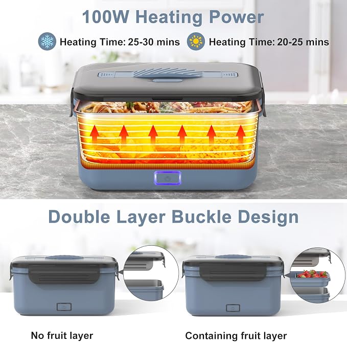 Herrfilk Electric Lunch Box Food Heater 100W, 4 in 1 Ultra Quick Heated Lunch Boxes for Adults 12V/24V/110V/220V Portable Food Warmer for Car/Truck/Office With Fork Spoon and Insulated Carry Bag