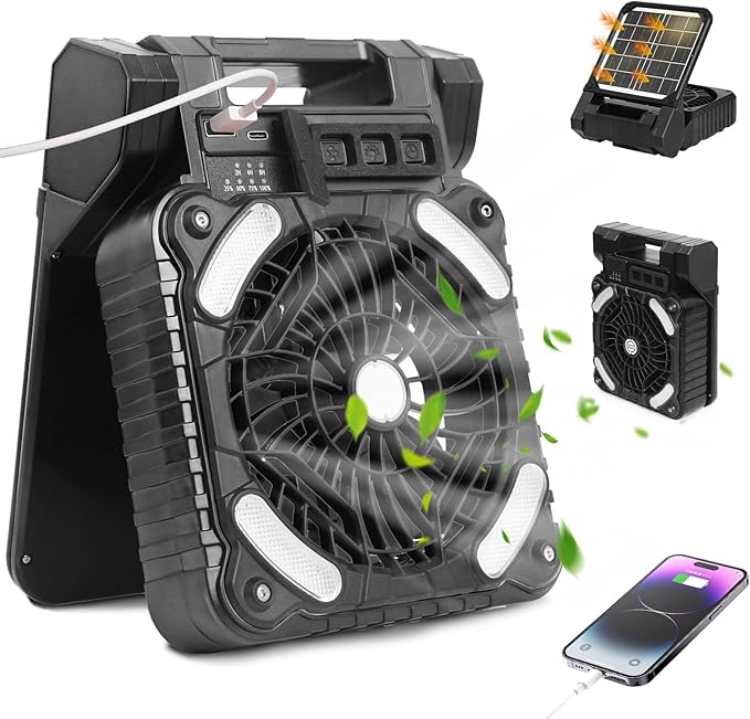 Solar Powered Fan for Camping 20000mAh Portable Rechargeable Solar Camping Fan for Gazebo with LED Light & Timer, 4 Speed Cordless Battery Powered for Outdoor Stay Cooling, Black