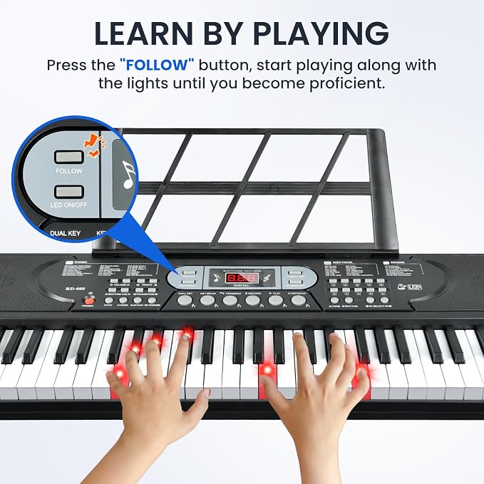 61 Key Keyboard Piano, Electric Piano Keyboard with Lighted Keys, Pitch Bend, Built-in Speakers- Includes Piano Stand and Bench, Microphone, Portable Keyboard Piano for Beginners