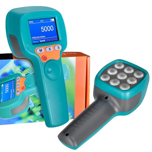 Digital Handheld Stroboscope 60-999,999 FPM/Hz Non Contact Strobe Tachometer, Adjustable Flash Rate LED RPM Meter with 0.001% High Accuracy for Motor, Fan, HVAC, Car, Industrial - RQ-DT100B