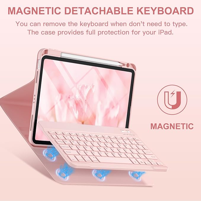Harvopu Compatible for iPad Air 11-inch/Air 5th 4th Generation Case with Keyboard - Backlit Detachable, Folio Cover with Pencil Holder for iPad Air 11 Inch M4/M3/M2, Air 5/ Air 4 (Floral Pink)