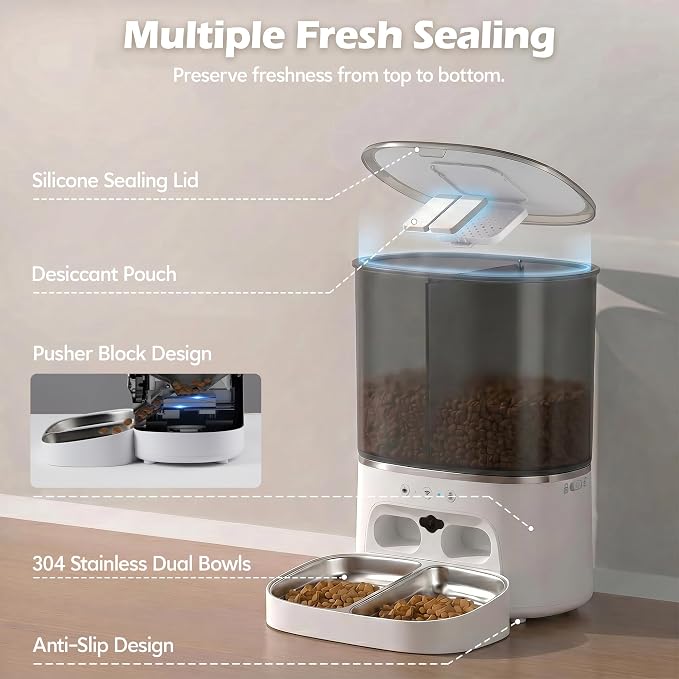Automatic Cat Feeder with Camera, Automatic Dog Feeder Dry Food, 8L Dual Hopper Auto Cat Food Dispenser, 1080P HD Video with Night Vision/2-Way Audio/APP, 5G WiFi Pet Feeder with Low Food Tray-White