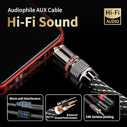 Audiophile 3.5mm to Dual XLR Male Y Splitter Cable,15 AWG 4N OFC Core,24K Gold-Plated Plugs with Nylon Braid for Studio Recording,Home Theater,Speakers,Hi-Fi Audio System(9.84ft/3m)